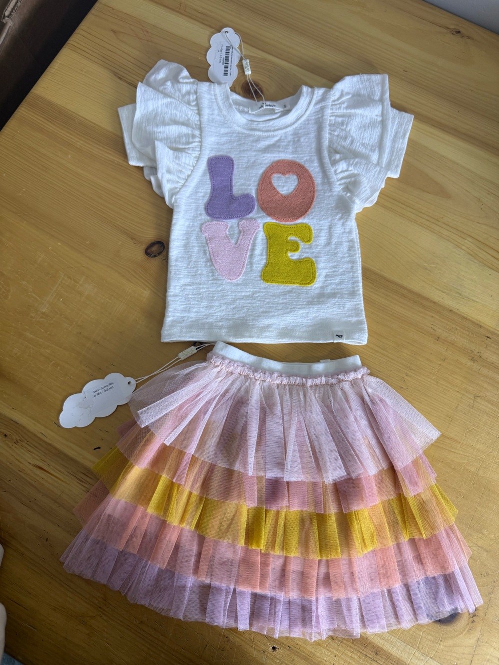 NWT oh baby! 2 Piece Girls Slub LOVE Shirt and TUTU Skirt Sunny Mix Set 3-6month